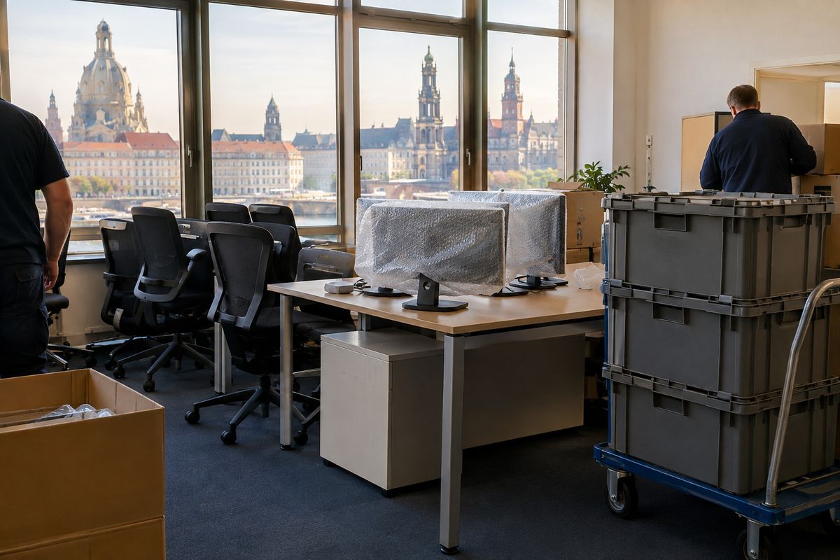 Büro während eines Umzugs in Dresden: Monitore in Folie, gestapelte Umzugsboxen auf einem Rollwagen, Blick auf Altstadt und Frauenkirche