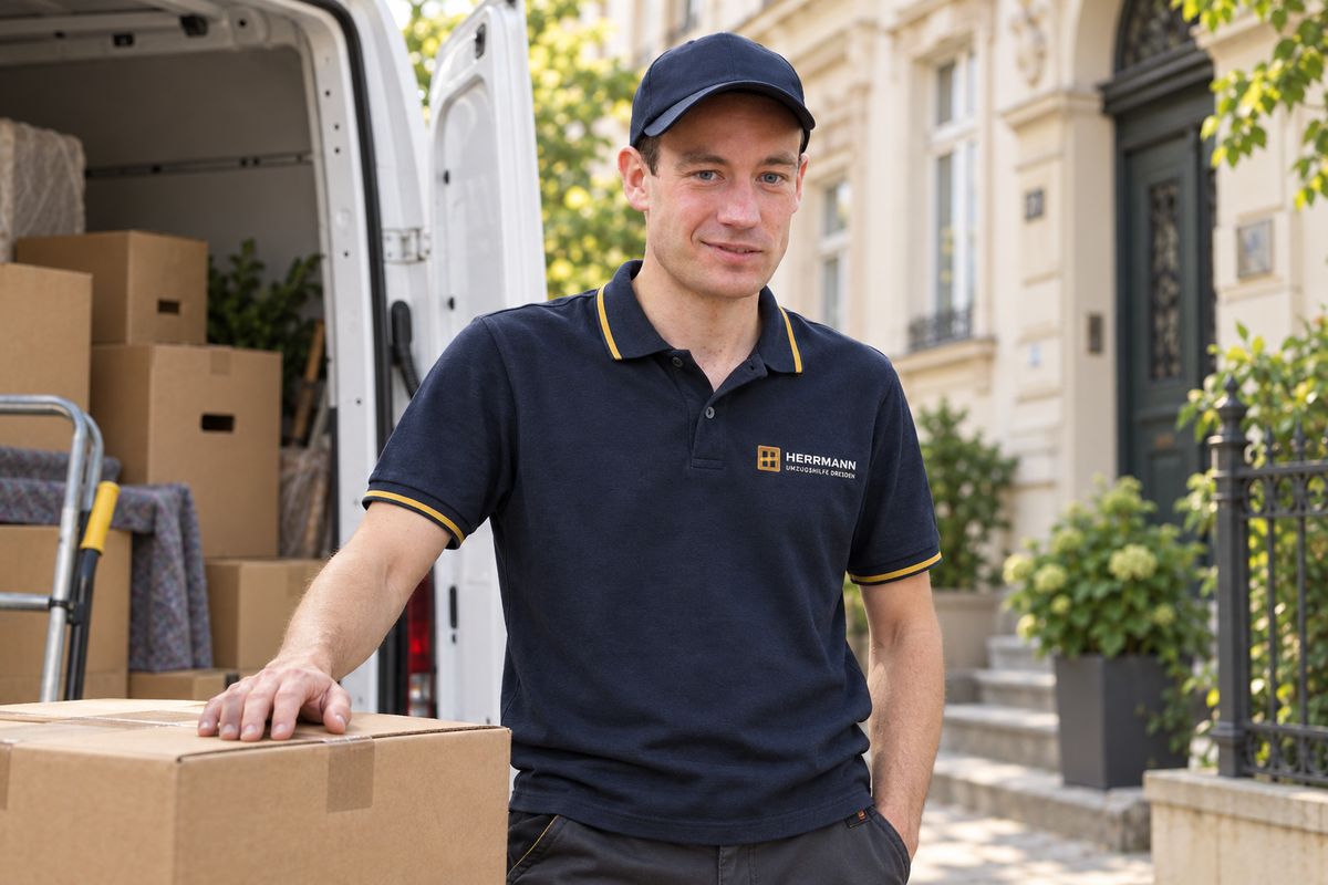 Lennart Herrmann im dunkelblauen Polo mit Herrmann-Logo, eine Hand auf einem Umzugskarton, vor einem beladenen Transporter in einer Dresdner Altbaustraße