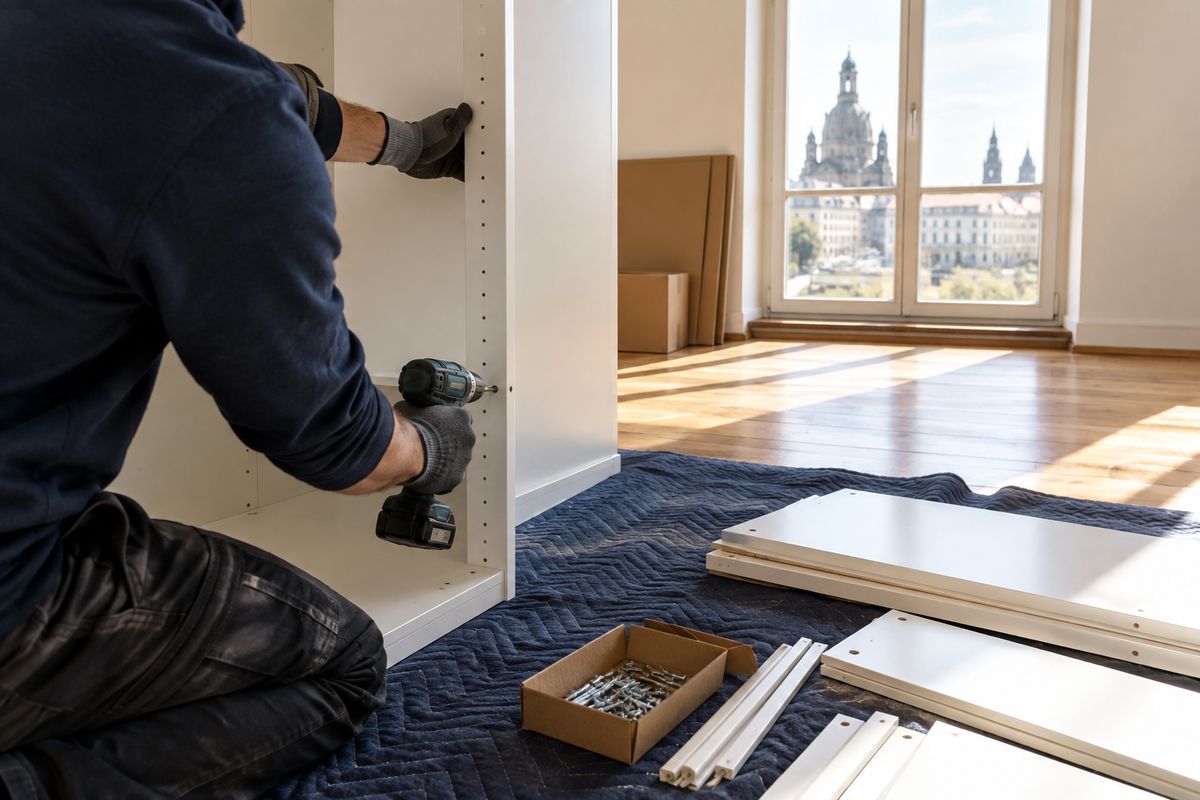 Hände in Arbeitshandschuhen bauen mit einem Akkuschrauber einen weißen Kleiderschrank in einer hellen Dresdner Wohnung auf