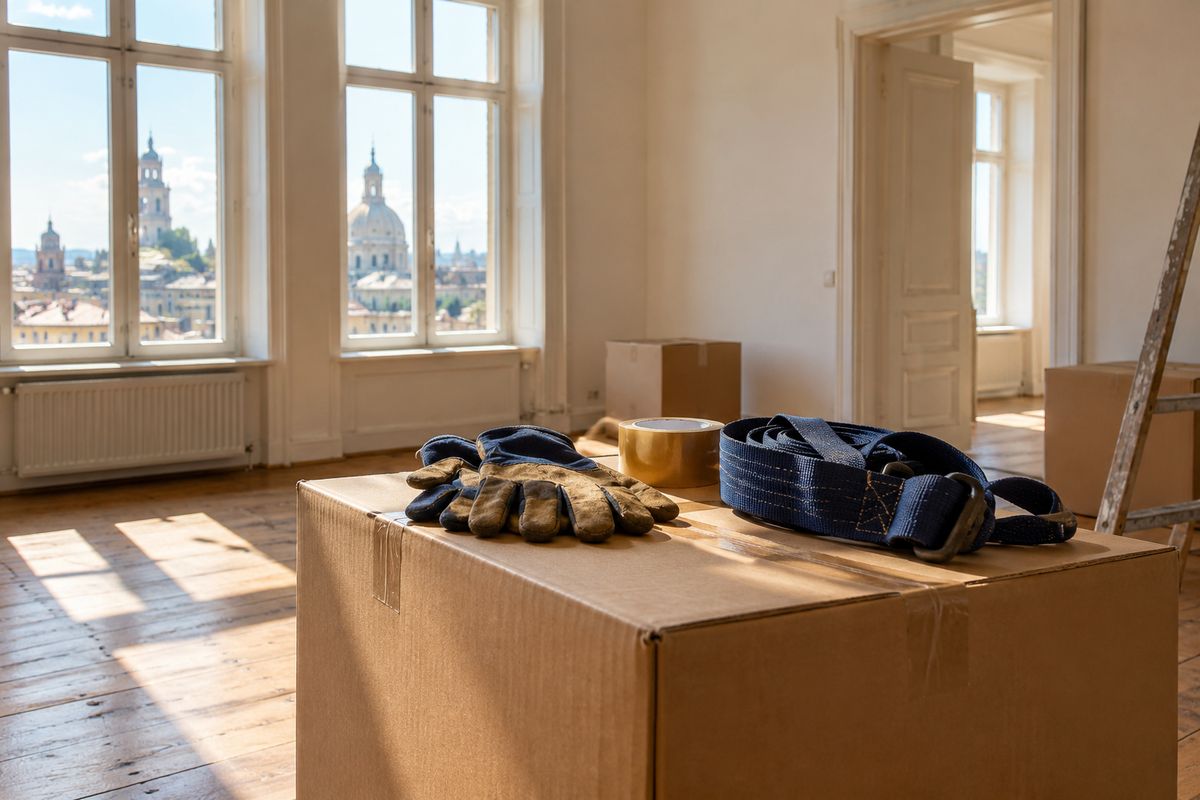 Arbeitshandschuhe, Klebeband und Tragegurte liegen auf einem Umzugskarton in einer leeren Dresdner Altbauwohnung