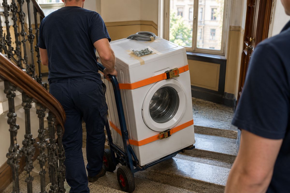 Weiße Waschmaschine auf einer Sackkarre mit orangefarbenen Spanngurten im Treppenhaus eines Dresdner Altbaus, Transportsicherung in einem Beutel obenauf